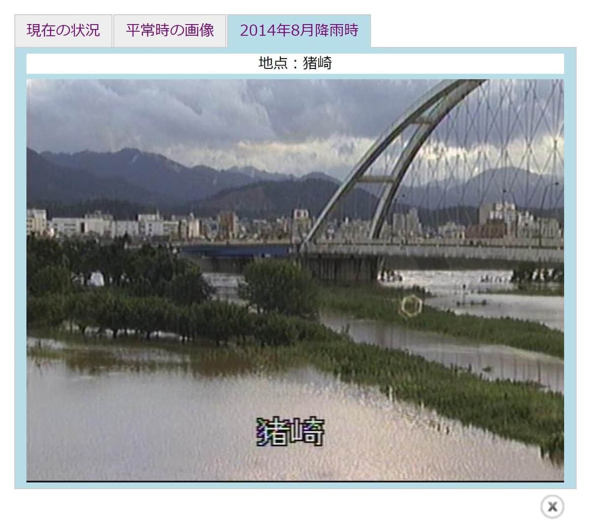 2014年8月の降雨時。現場付近は浸水していた（福知山河川国道事務所のライブカメラから）