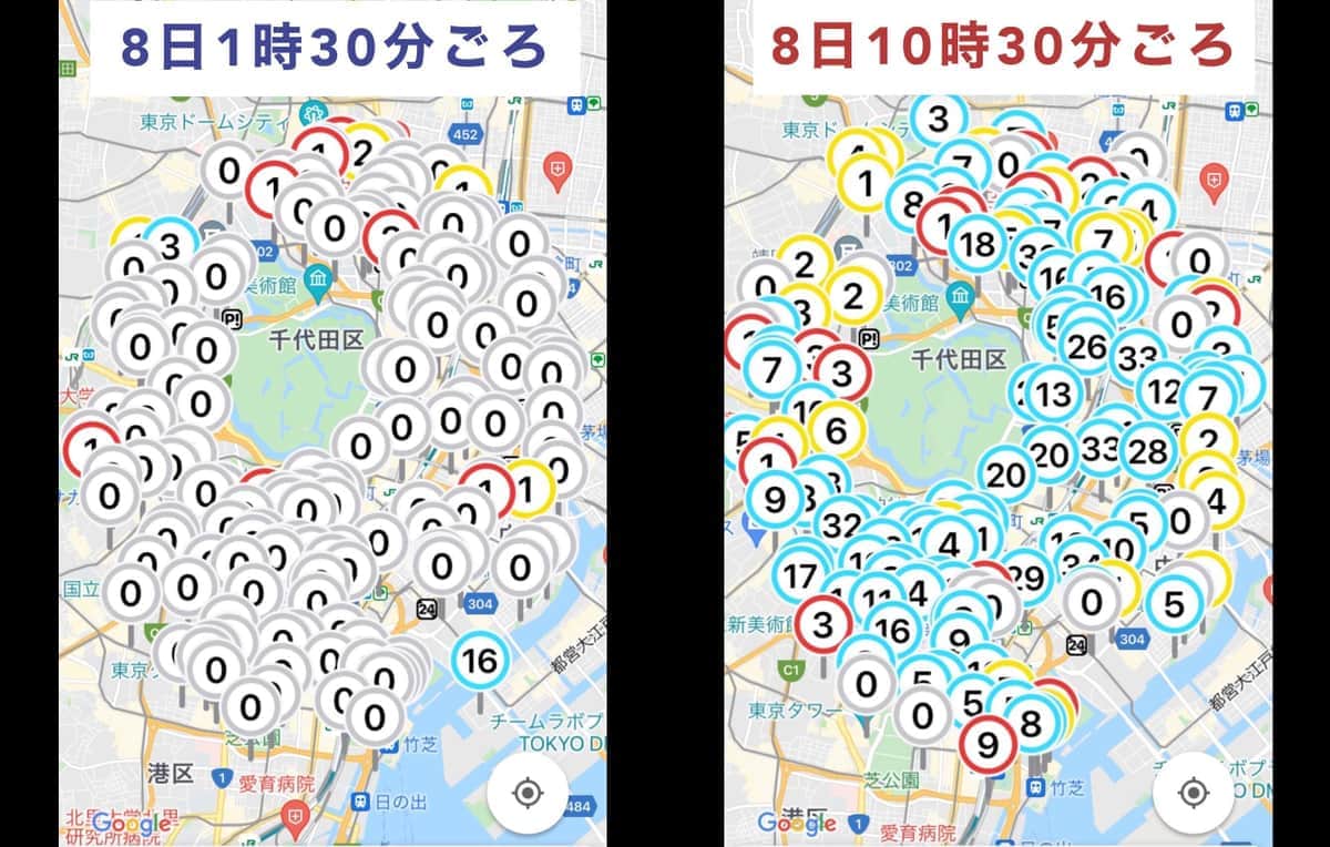 東京都心部におけるドコモバイクシェアのポート状況の変化。数字は貸し出し可能な自転車の台数を指している（編集部作成）
