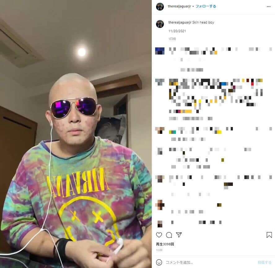 11月20日にスキンヘッドを披露した。木下大維志くんのインスタグラム（＠therealjaguarjr）より