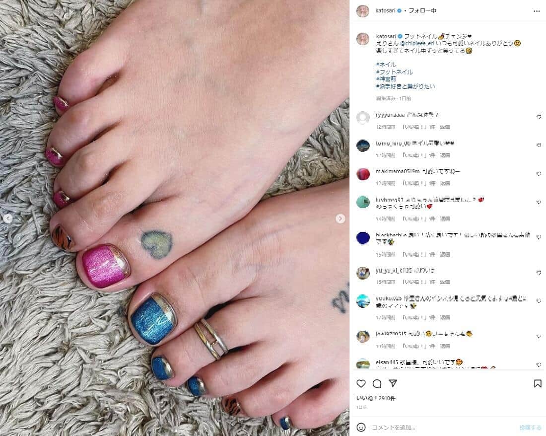 加藤紗里「足指タトゥー」公開　親指にハートマーク「ネイルと似合いますね」の声