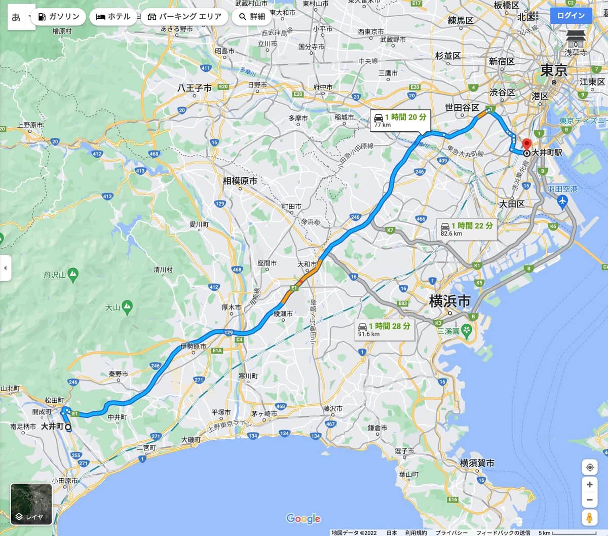 「大井町」同士のおよその距離、Googleマップより
