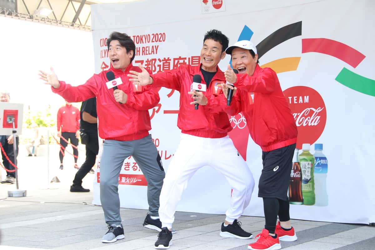 「やー」を披露するダチョウ倶楽部の3人（2019年6月撮影）