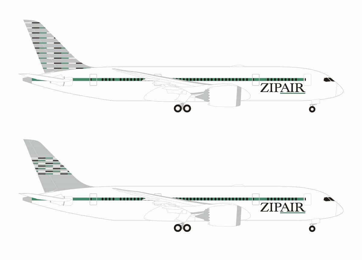 ZIPAIRの新デザイン。垂直尾翼から「Z」のロゴが消えた。上が正式なペイント仕様、下がデカール仕様