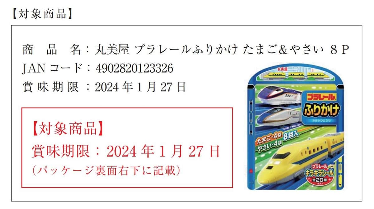 「丸美屋 プラレールふりかけ たまご＆やさい8Ｐ」（大創産業の発表より）