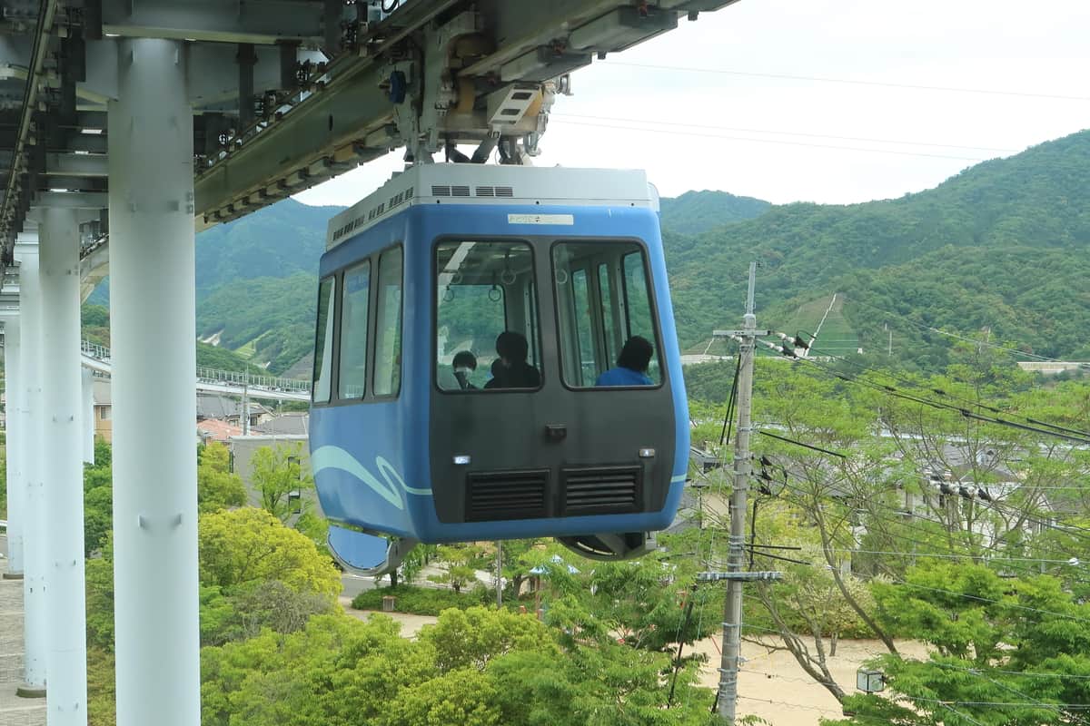 スカイレールは懸垂式モノレールとロープウエーを組み合わせた日本唯一の仕組みが特徴だ
