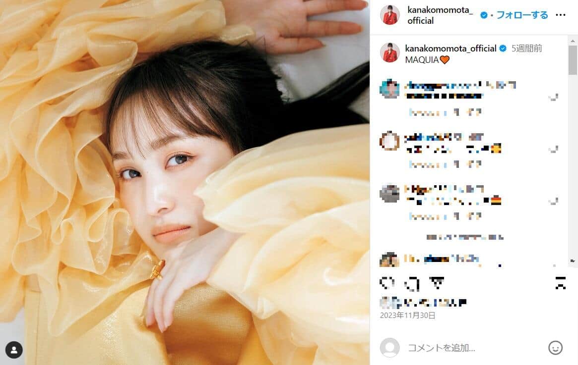 百田夏菜子さん（百田さんのインスタグラム（@kanakomomota_official）より）