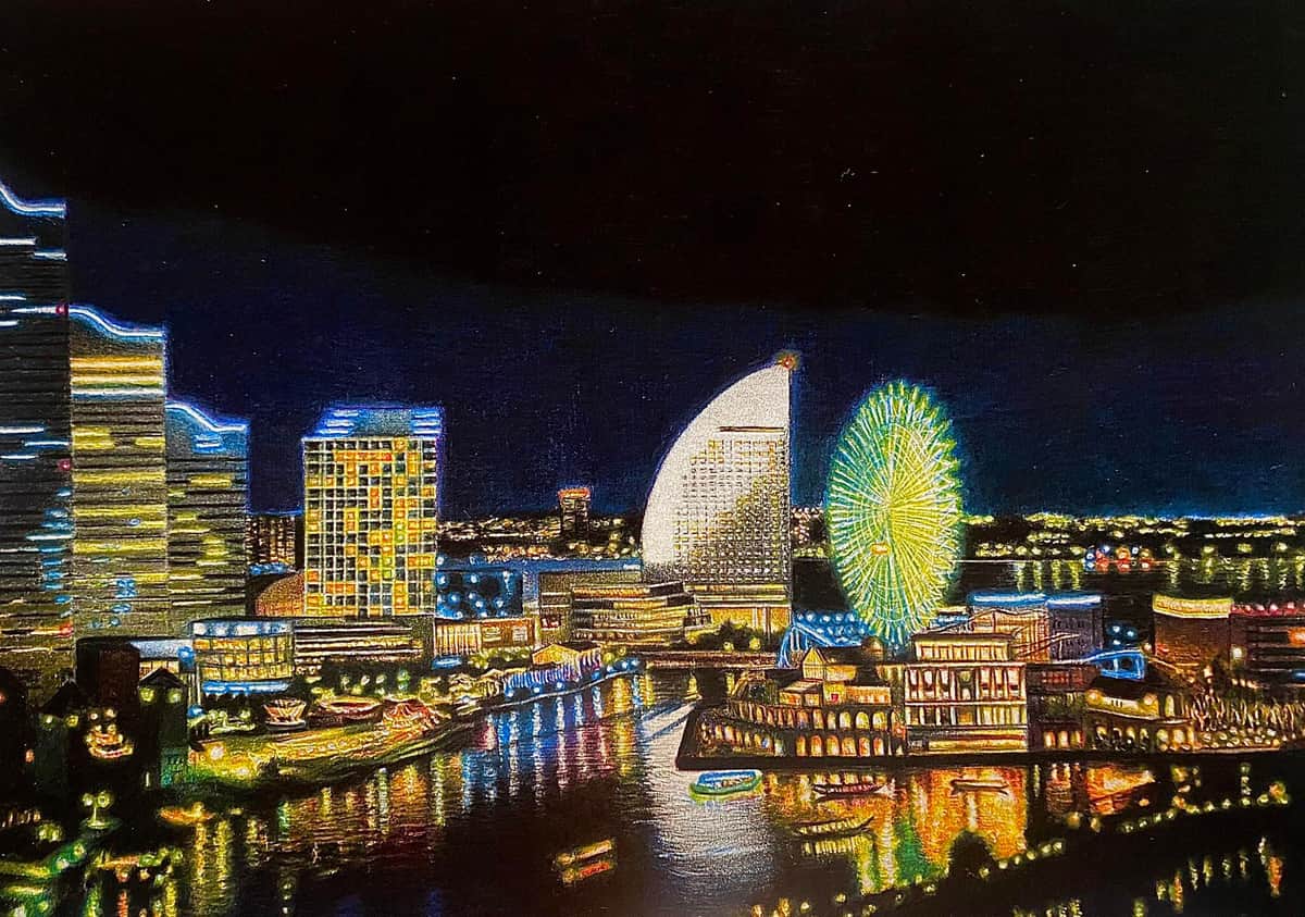 色鉛筆5色で描く「みなとみらいの夜景」が美しすぎる　作者が明かした表現技法