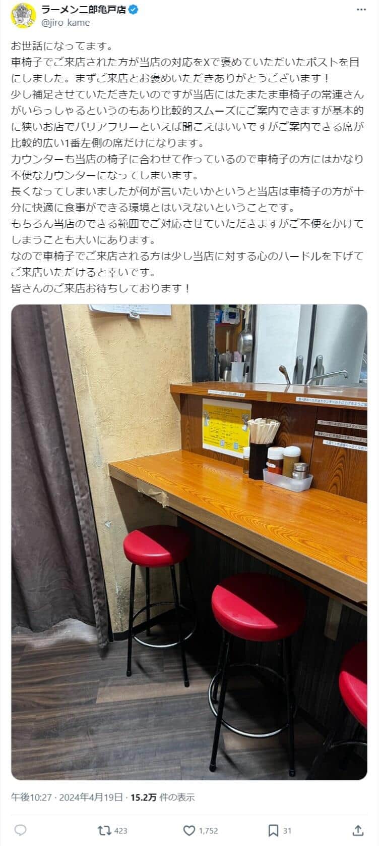 実際の投稿（ラーメン二郎亀戸店のX（@jiro_kame）より）