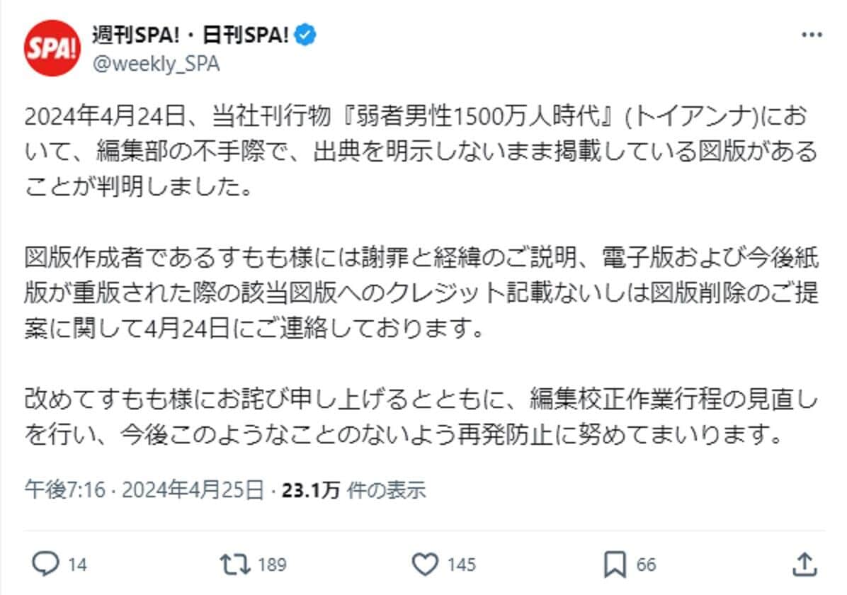 週刊SPA!の公式Xでお詫び