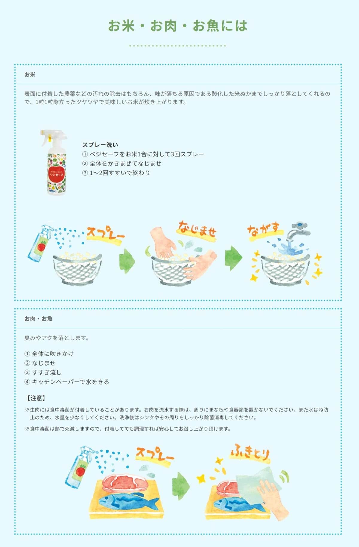 ベジセーフでの肉・魚の洗い方。公式サイトより