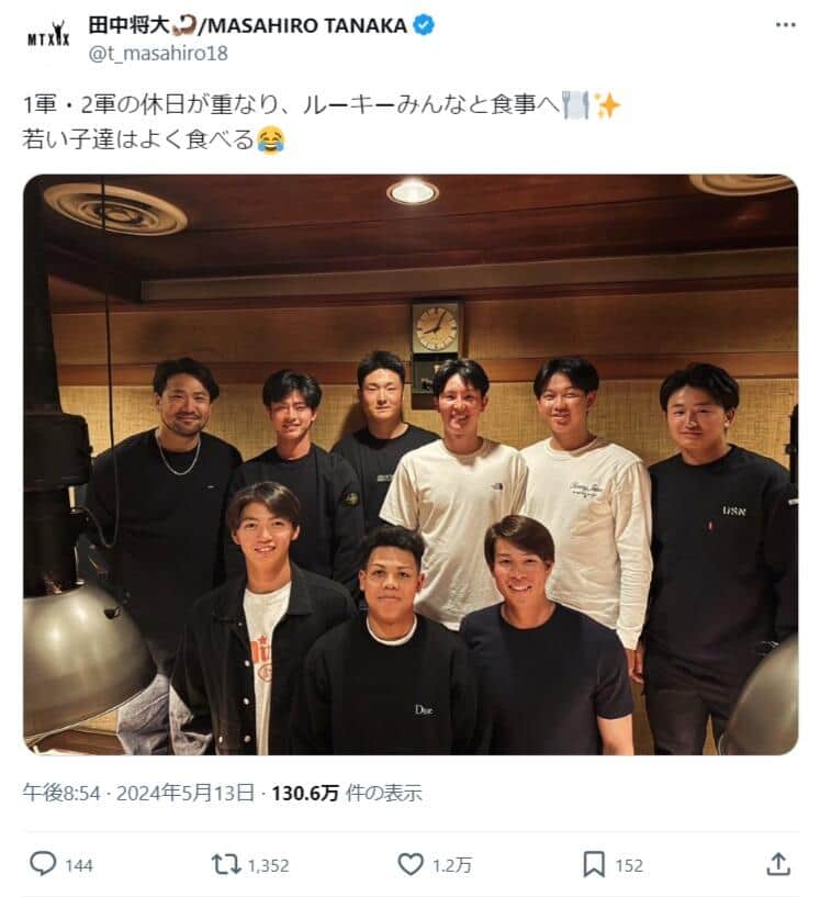 実際の投稿（田中選手のX（@t_masahiro18）より）