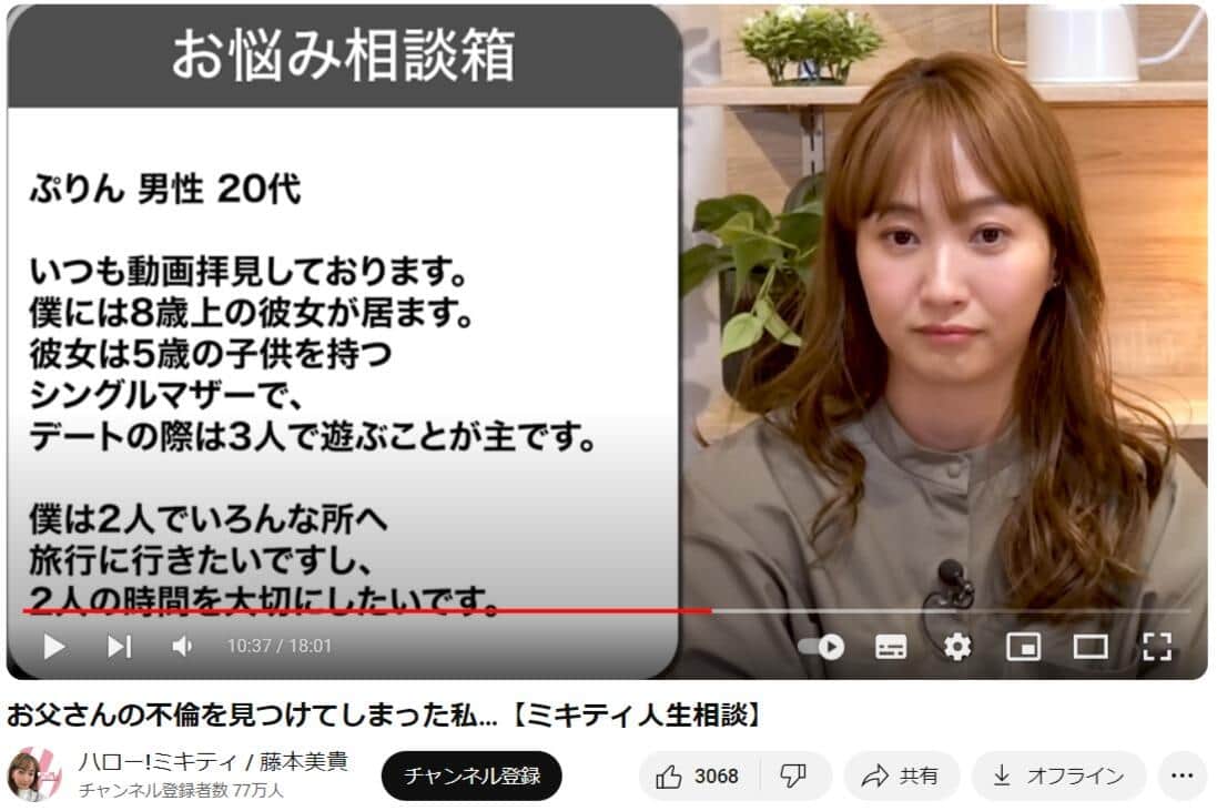 藤本美貴さんのYouTubeチャンネルより