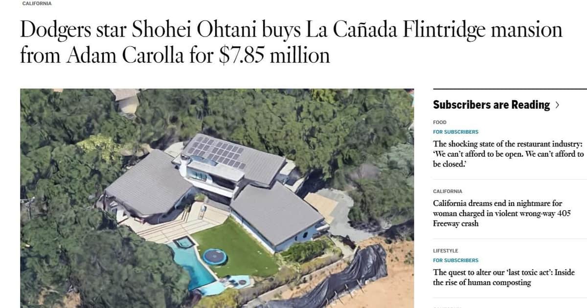 大谷が購入した新居（ロサンゼルスタイムズより）