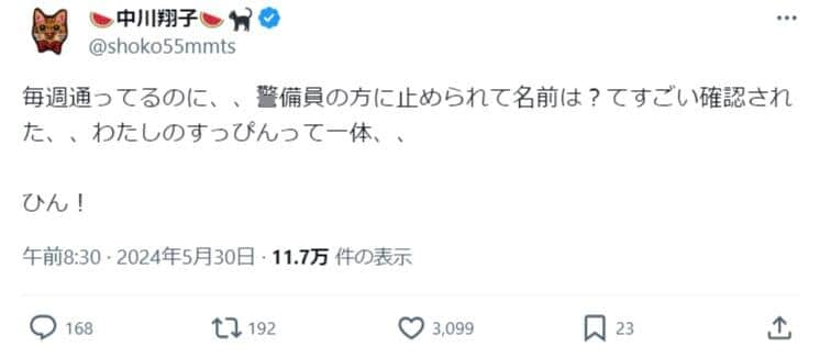 実際の投稿（中川さんのX（＠@shoko55mmts）より）