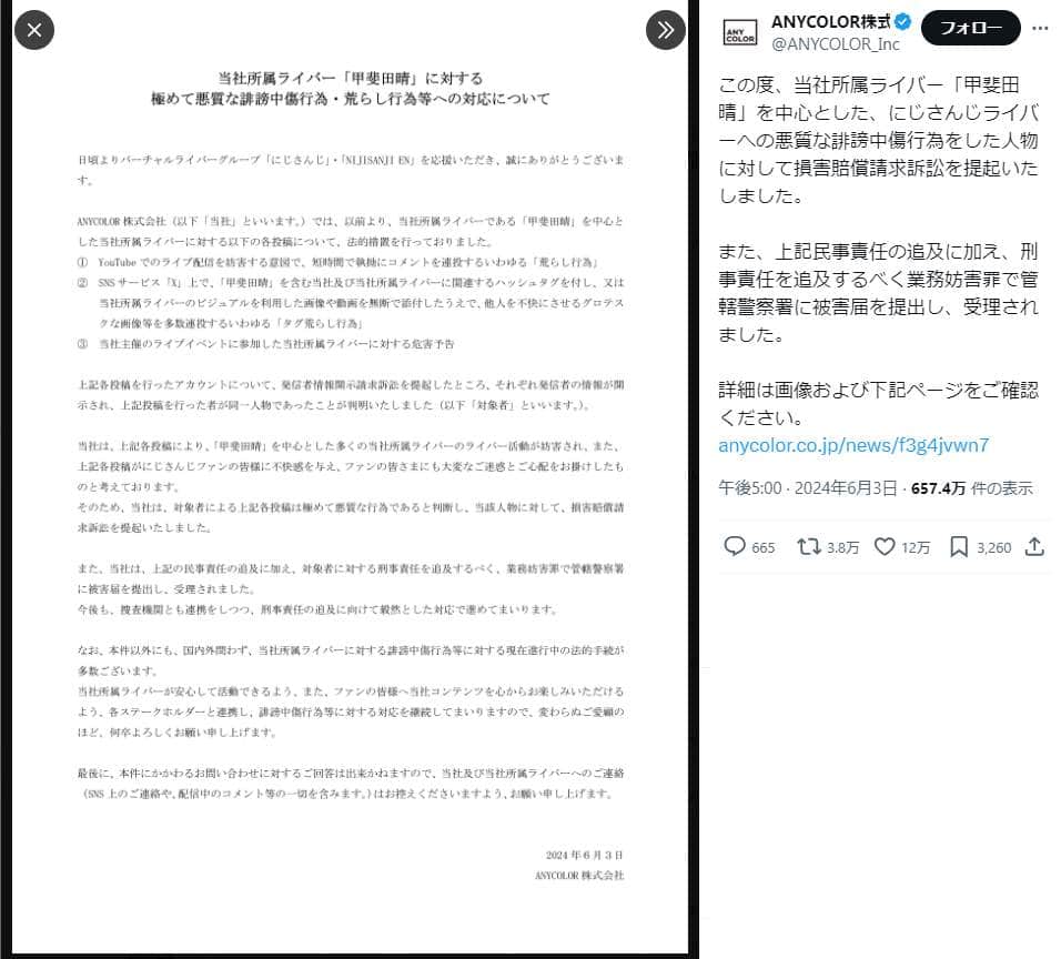 ANYCOLORの発表。民事、刑事双方で対応していることを明らかにしている