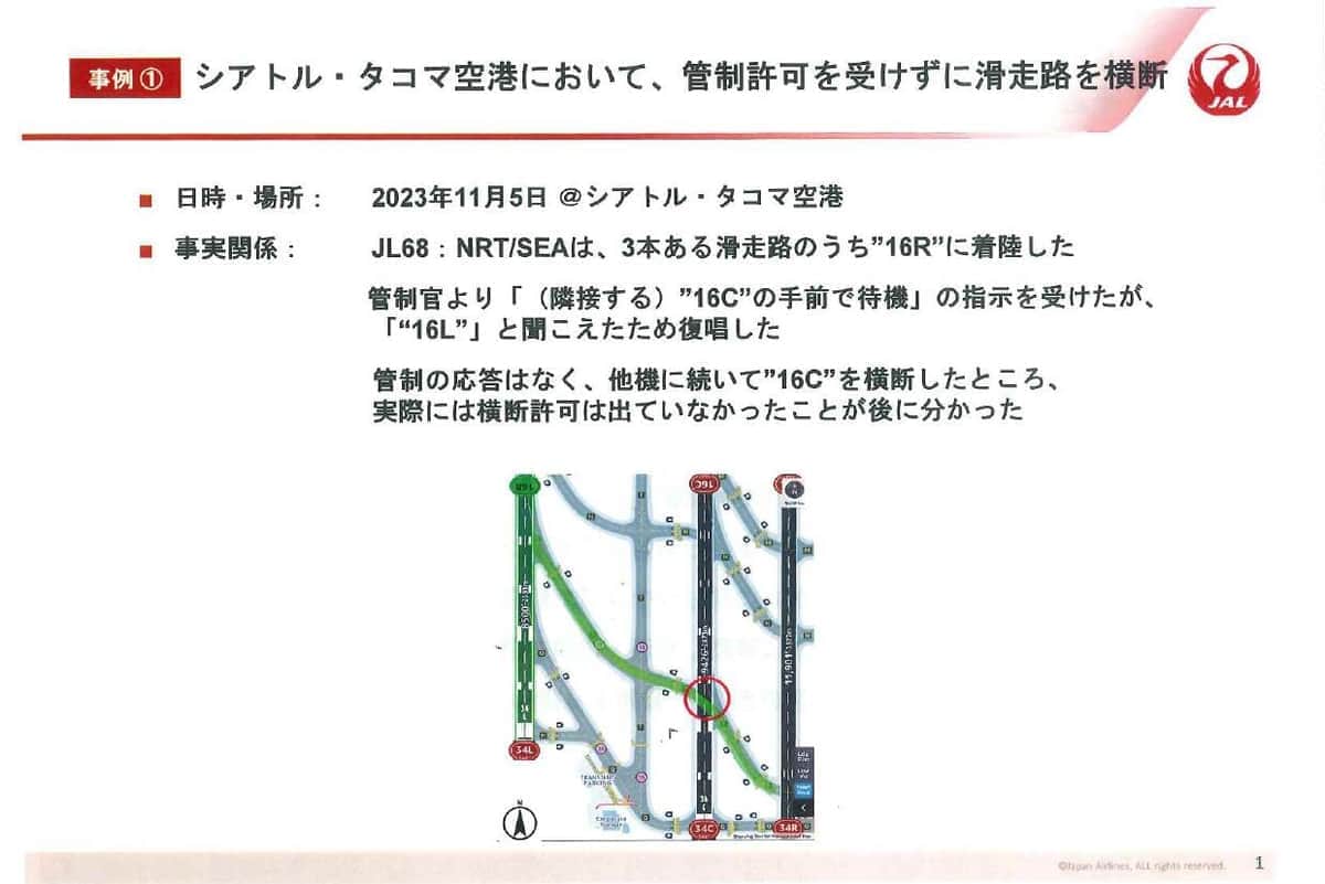 国交省から厳重注意の対象になった事案の概要「シアトル・タコマ国際空港において、管制許可を受けずに滑走路を横断」（JALが記者会見で配布した資料から）
