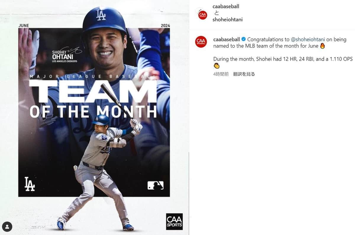 「やっぱり6月男だったね」大谷翔平が6月のチーム・オブ・ザ・マンスに選出　「7月もこの勢いで乗り切って」