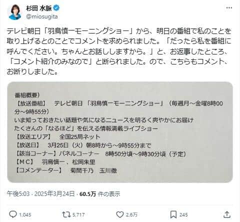 杉田水脈氏のポスト。番組とのやり取りを明かしている