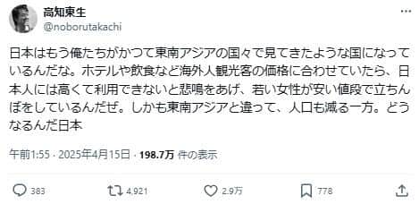 高知東生さんのポスト。日本の経済状況についてつづっている