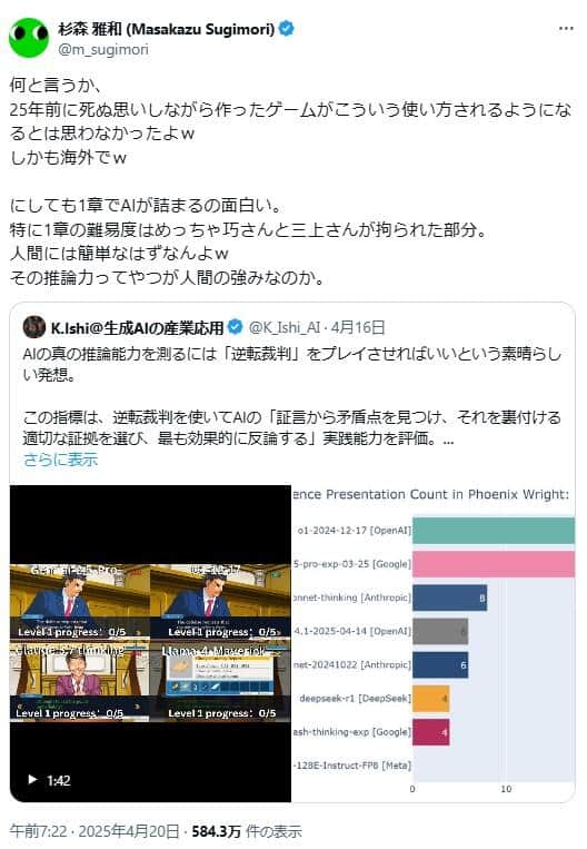 杉森雅和さんのポスト。かつての代表作をAIがプレーする様子に驚いている