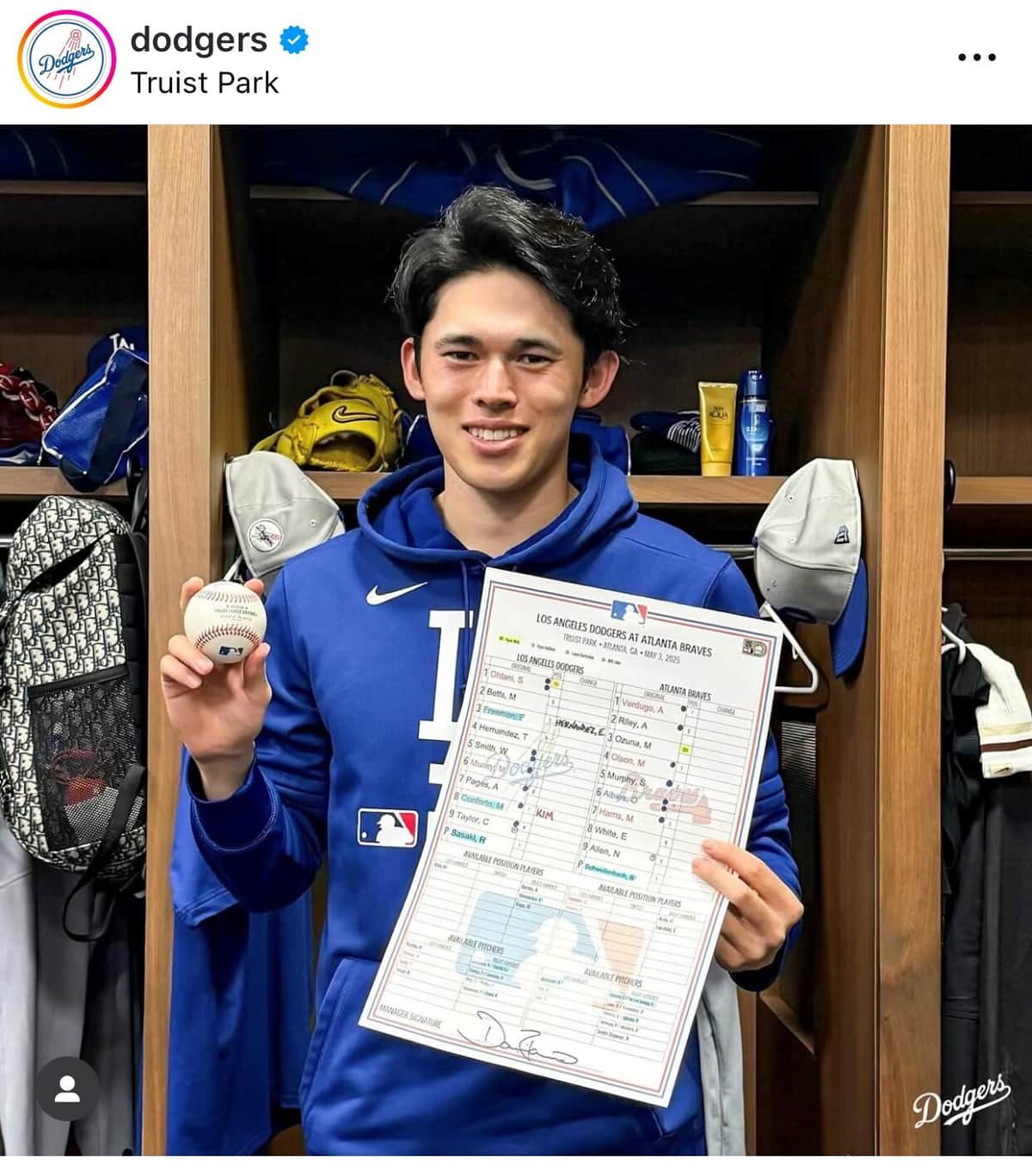 大リーグ初勝利の佐々木（ドジャースインスタグラムより）