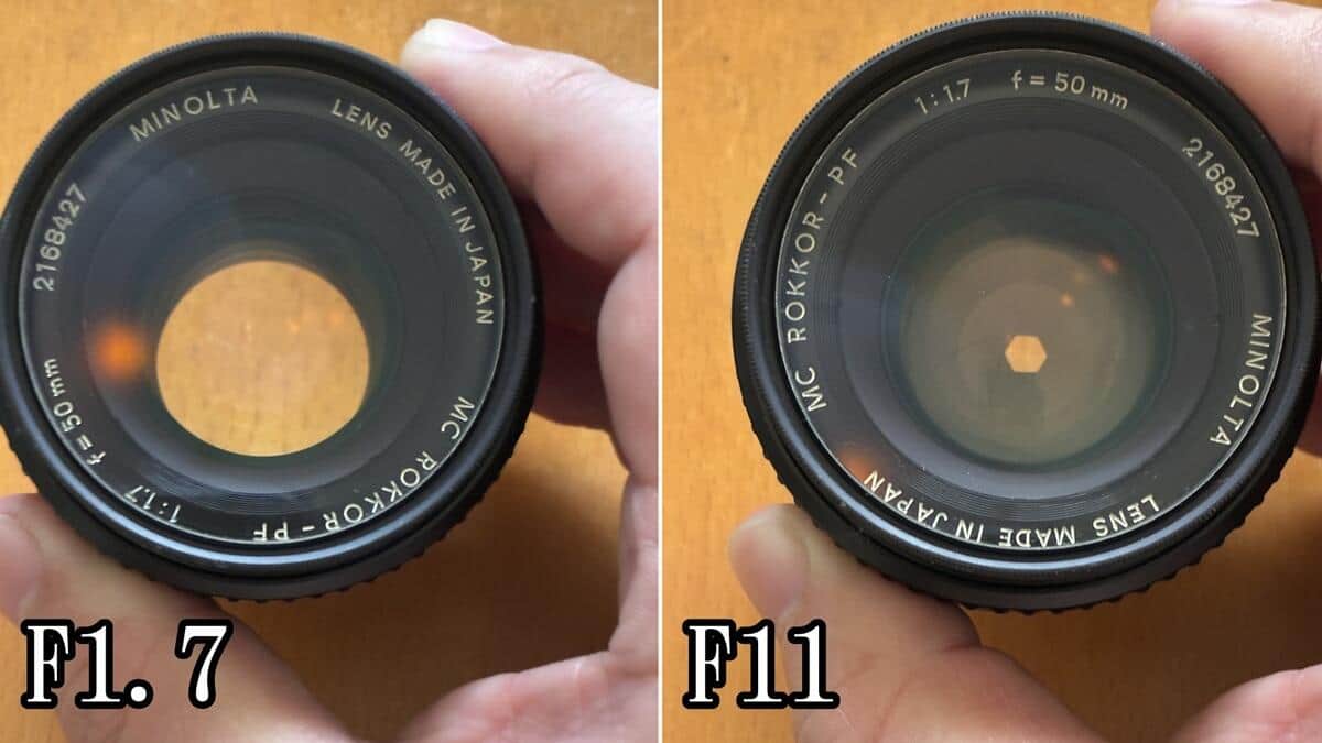 一眼レフカメラのレンズ（左がF1.7、右がF11）（筆者撮影）