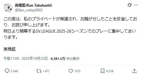 高橋藍のポスト。「プレーに集中してまいります」としている