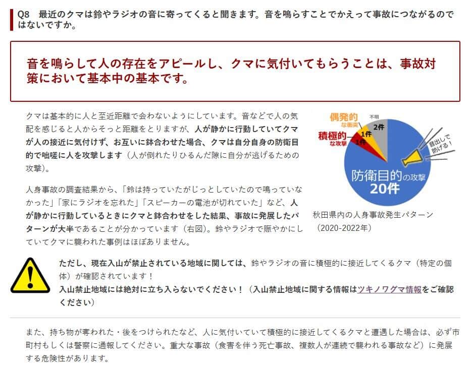 秋田県公式サイト「美の国あきたネット」の「クマについてよくあるご意見・ご質問」ページより