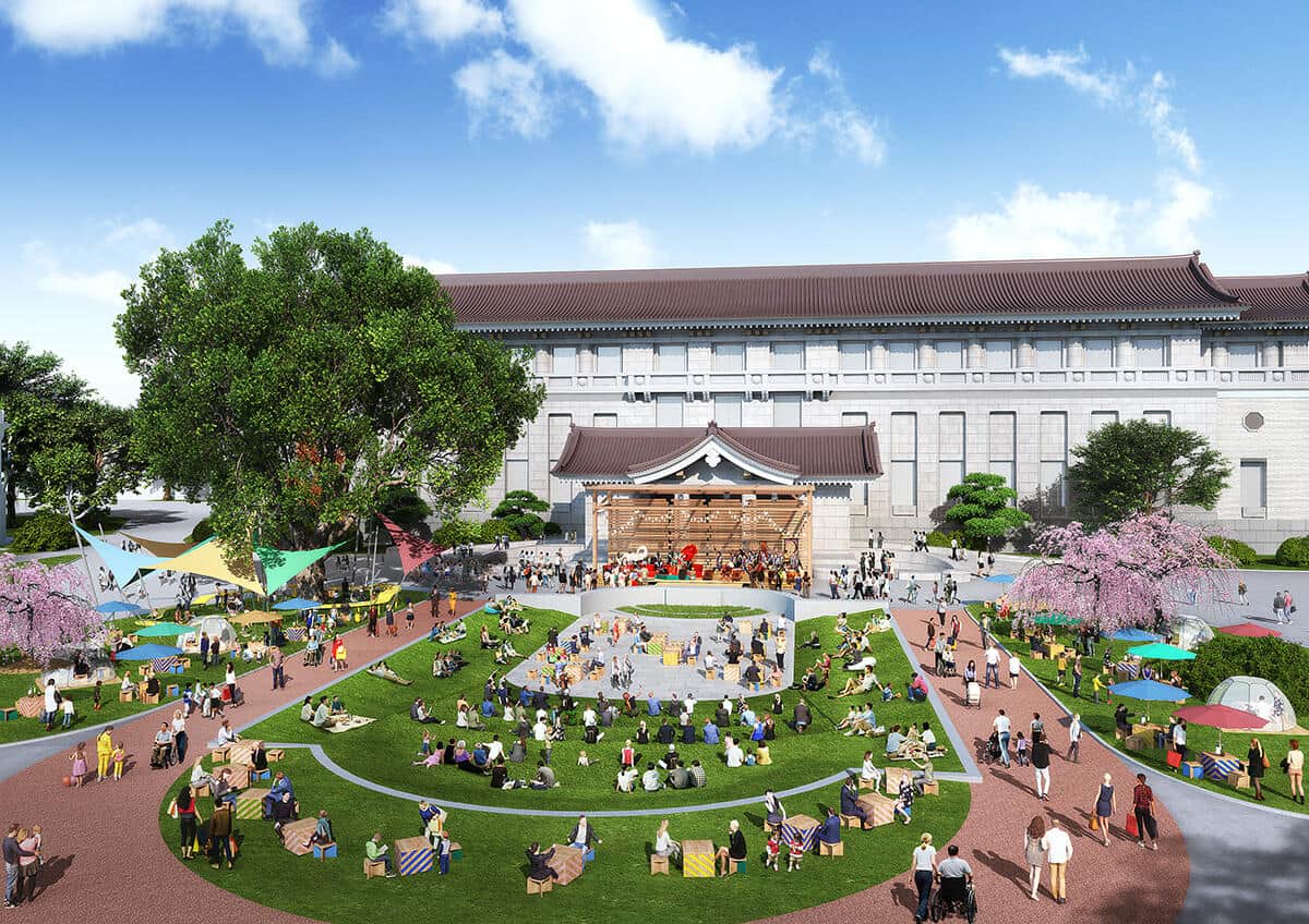 本館前庭リニューアルのイメージ図（「博物館でお花見を」の様子）。同館提供