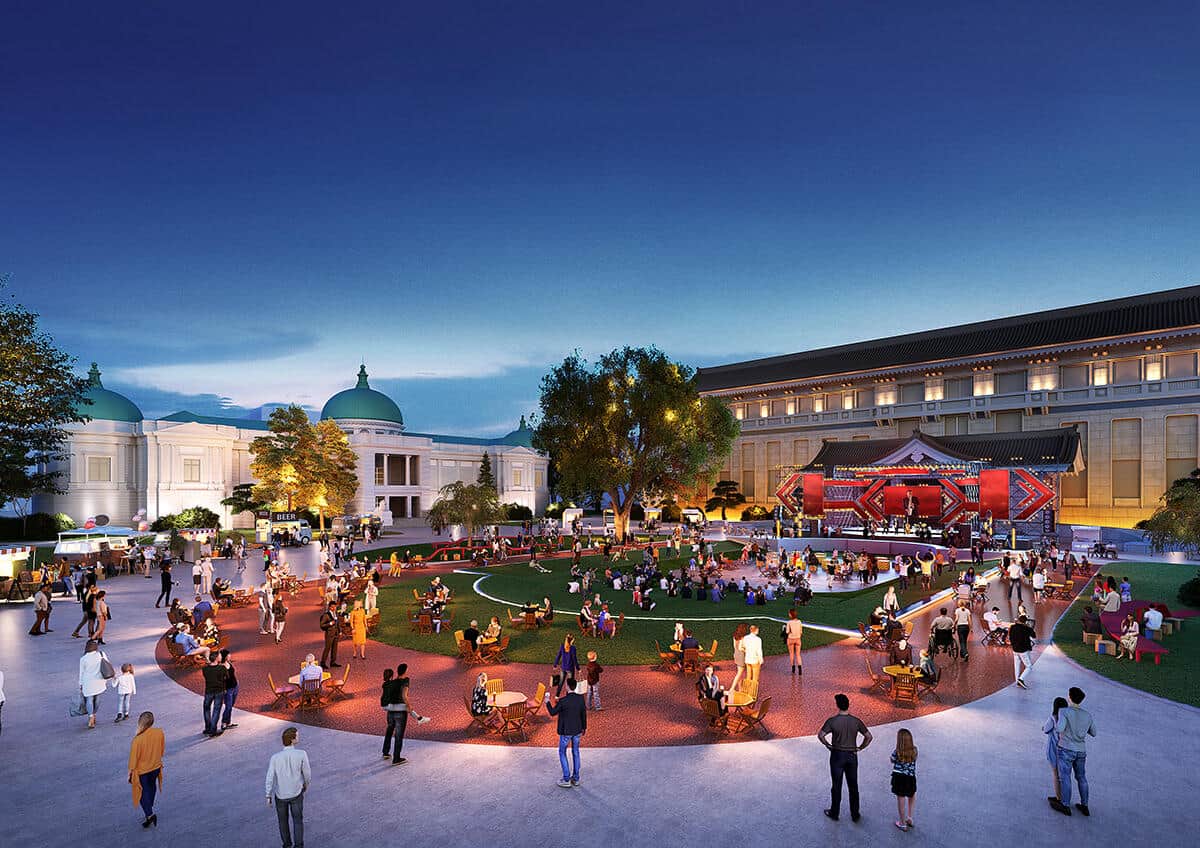 本館前庭リニューアルのイメージ図（夜間イベントの様子）。同館提供