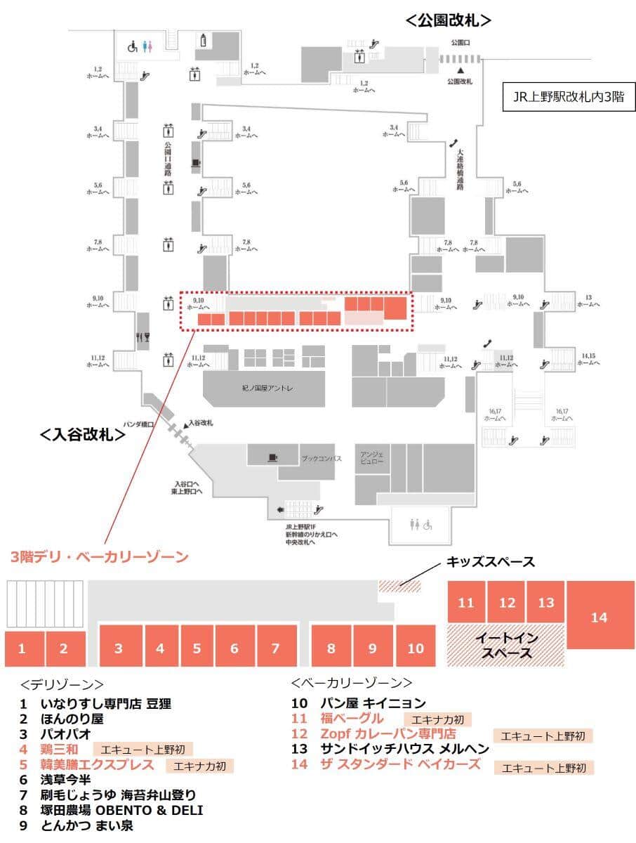 JR上野駅構内の「エキュート上野」ベーカリー・デリゾーンがリニューアルした（リリースより）