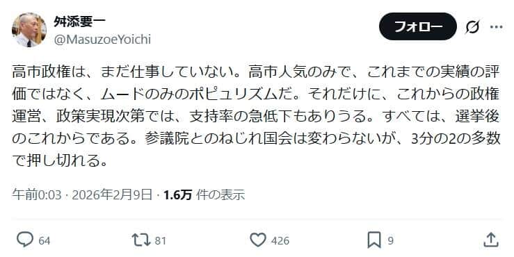 「これからの政権運営、政策実現次第では、支持率の急低下もありうる」と舛添要一氏