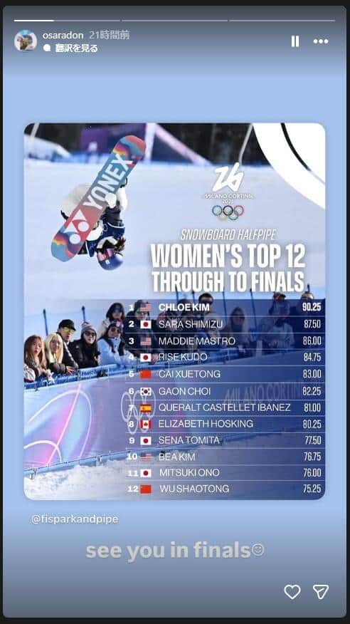 清水さら選手のインスタグラム（＠osaradon）より