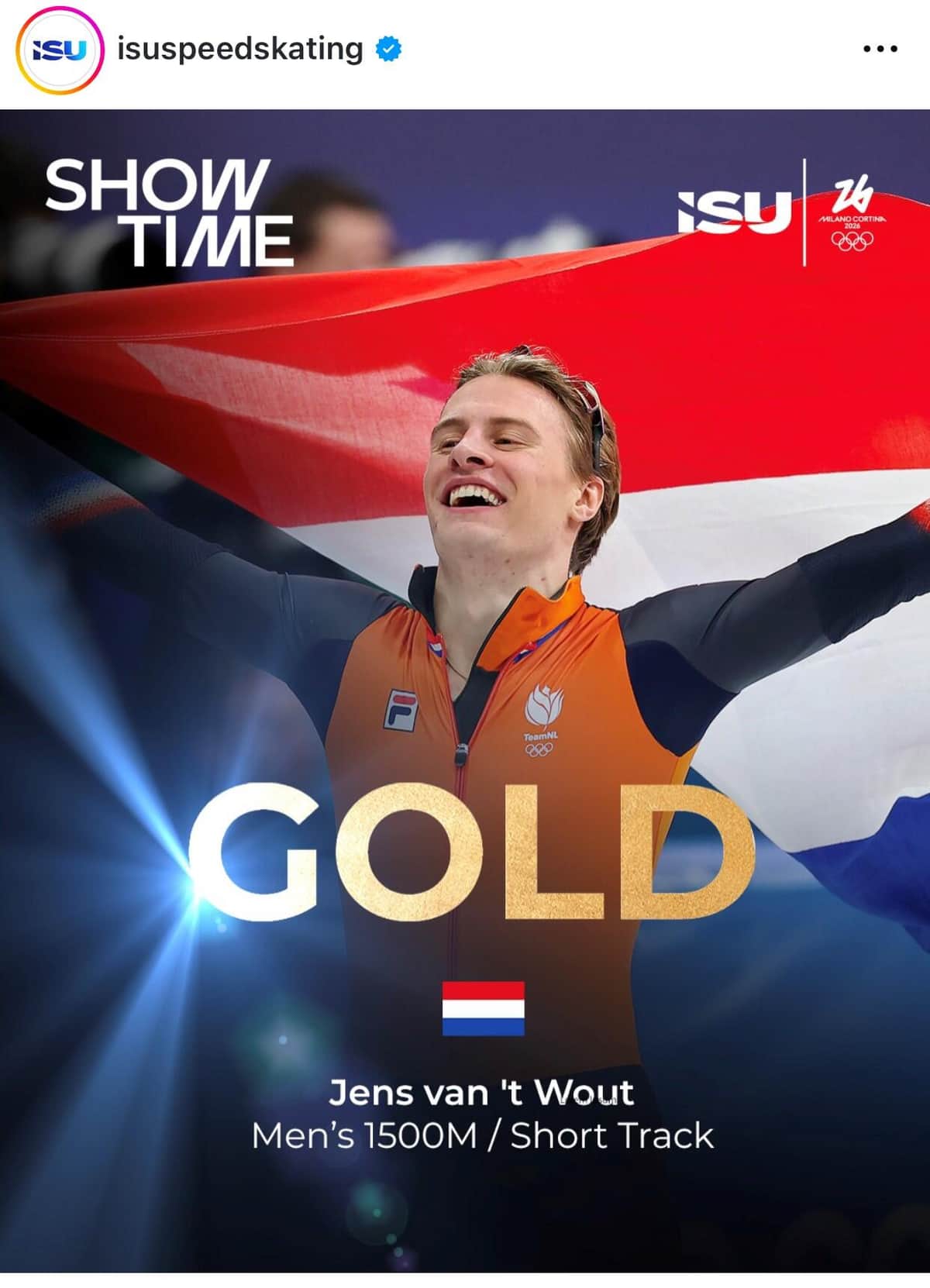 金メダルのイエンス・ファントワウト（ISUインスタグラムより）