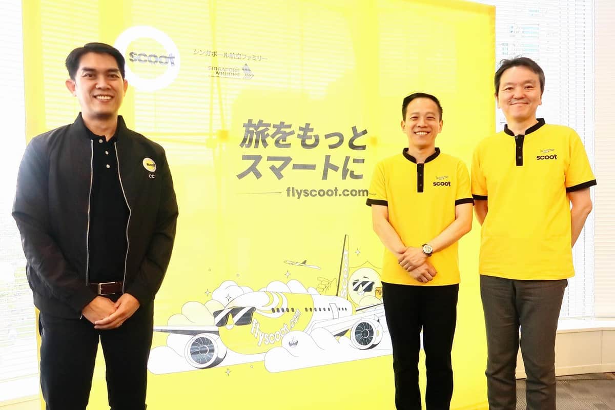 スクートは日本メディア向けに記者会見を開いた。左からカルヴィン・チャン最高商務責任者（CCO）、バーナード・シム北アジア地域統括ゼネラルマネージャー、安武秀敏・日本支社長