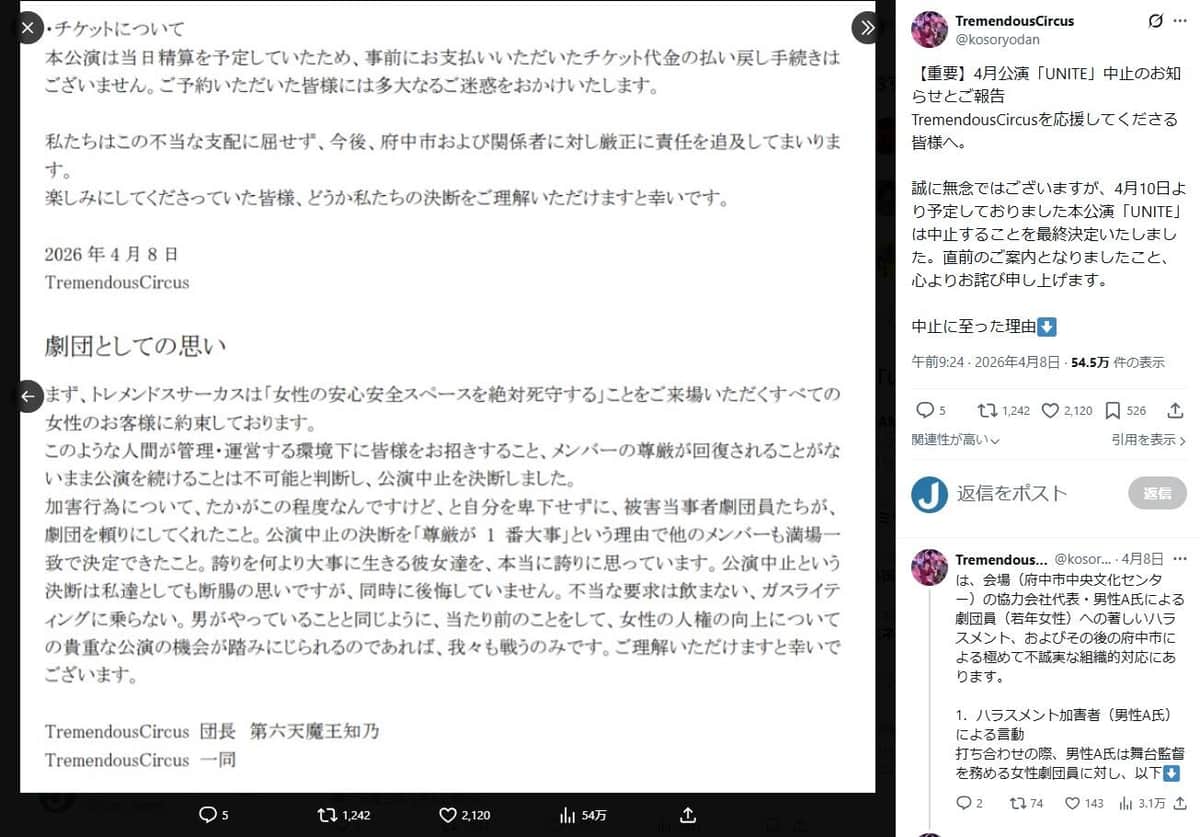 TremendousCircus公式X（＠kosoryodan）より