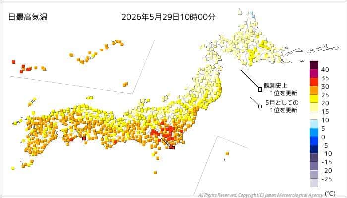 2026年5月29日の全国日最高気温図（気象庁ホームページより）
