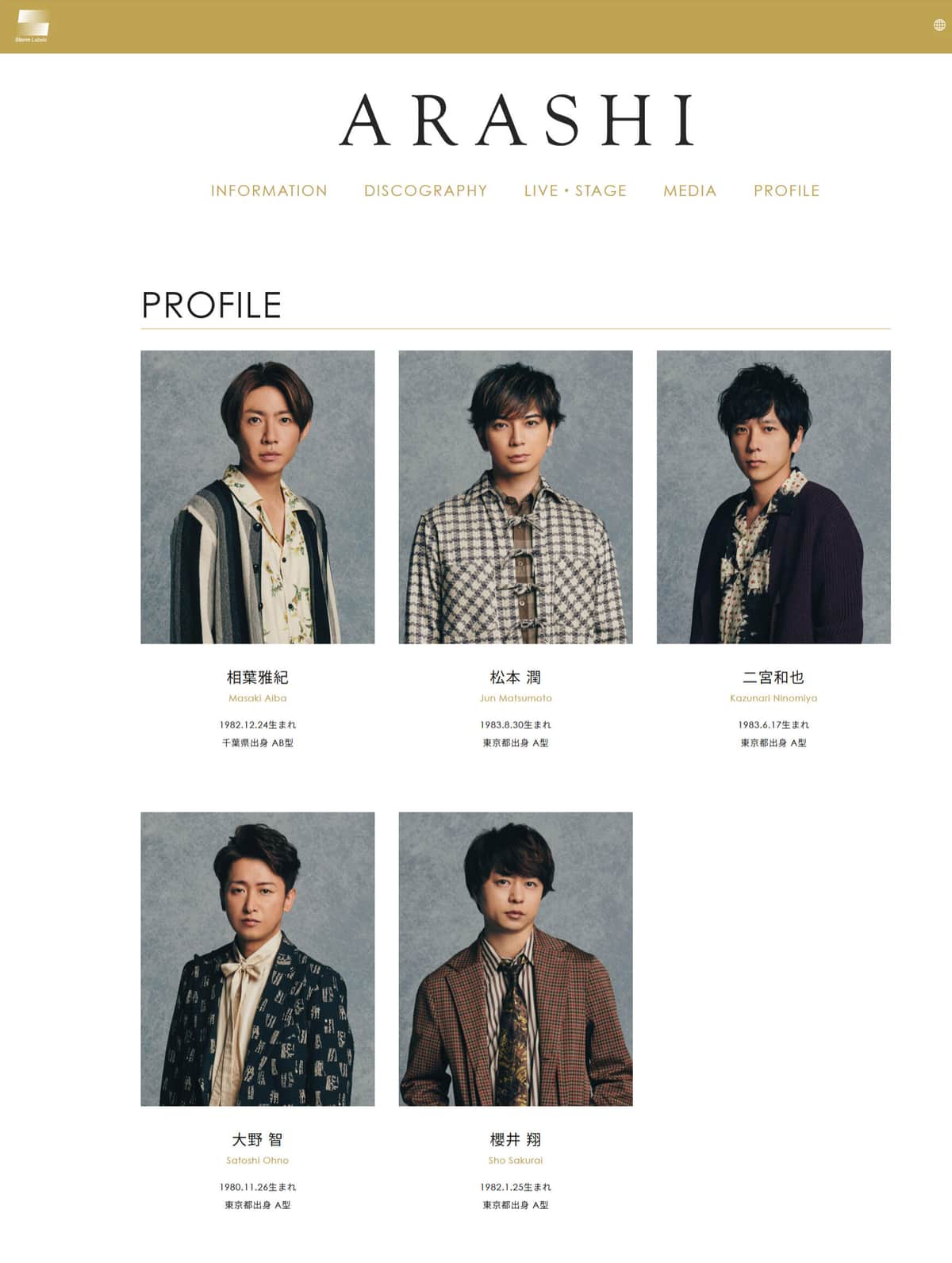 ストームレーベルズ公式サイトの嵐プロフィールページ（アーカイブサイトより）