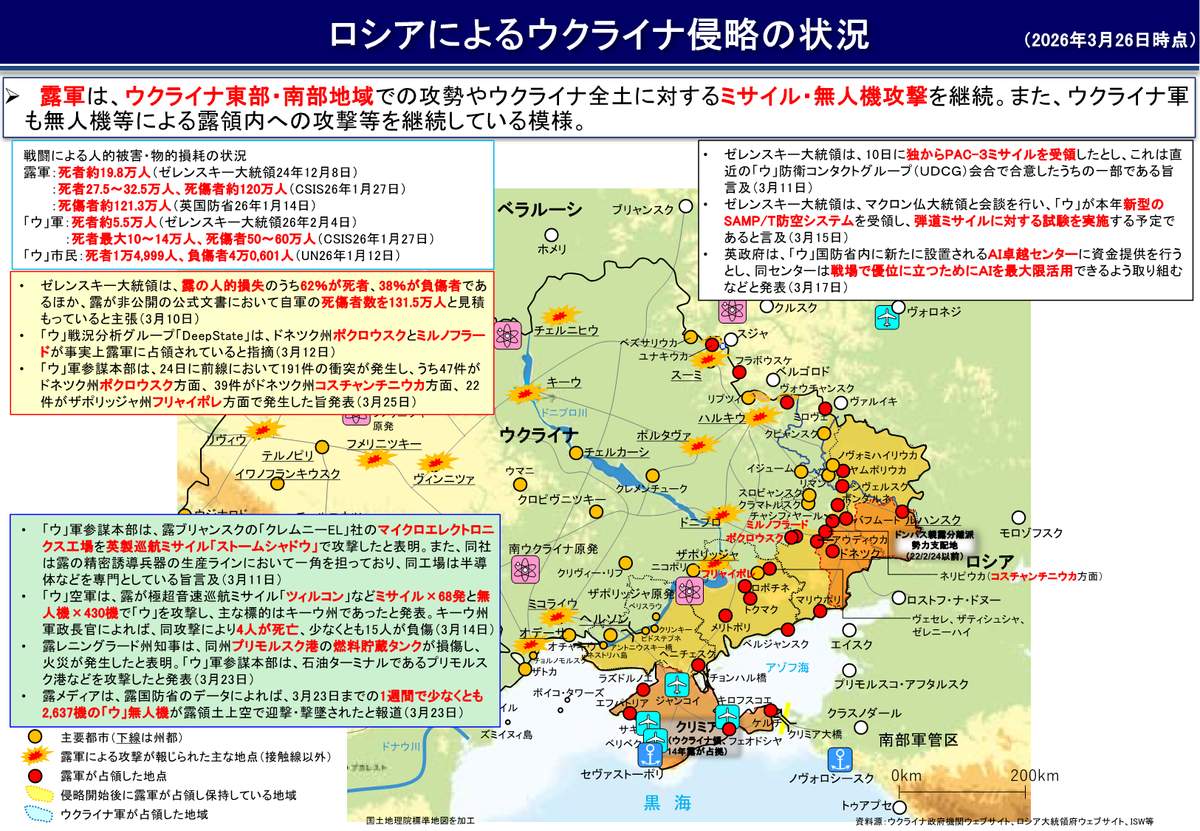最新の戦況。ドローンによる攻撃が続いている（写真は防衛省ウェブサイトから）