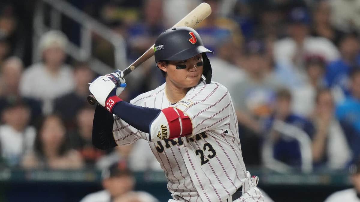 森下翔太（2026年、WBCの準々決勝。写真：AP/アフロ）