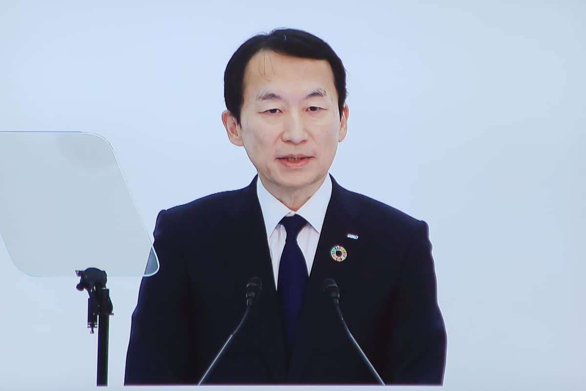 全日空（ANA）の平沢寿一社長（記者室のモニターを撮影）
