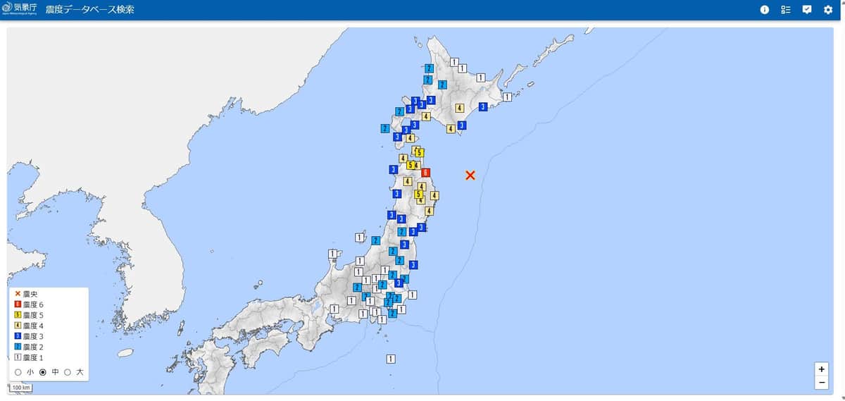 「三陸はるか沖地震」（1994）の震源地（気象庁・震度データベース検索より引用）