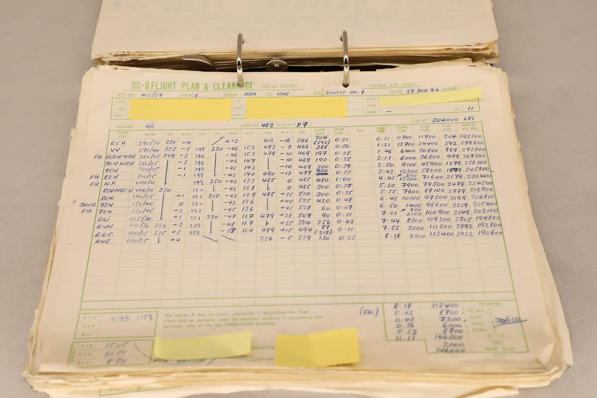 ビートルズが1966年に初来日した際に搭乗したフライト（ハンブルク発アンカレッジ経由羽田行き）の情報を記録した「ログブック」