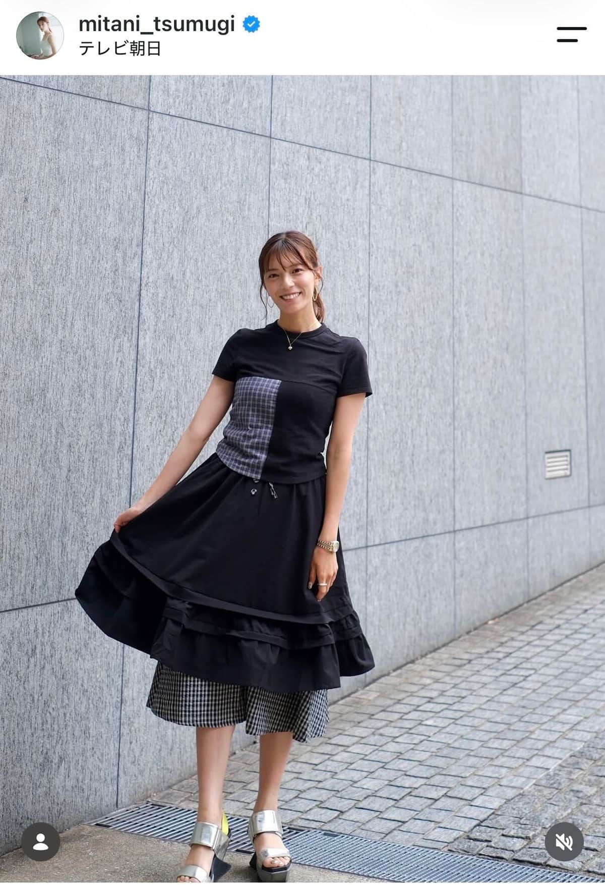 テレ朝・三谷紬アナ、久しぶり膝上ミニ丈花柄ワンピ姿にドキっ　「柄が大人っぽいからこれなら着られる！」