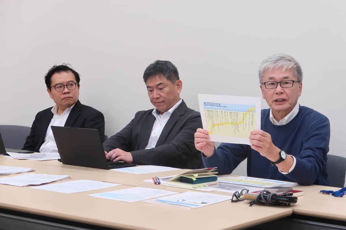 プロジェクトを発表する発起人。左から楊井人文氏、水上貴央氏、今井一氏。今井氏が示しているのは「憲法九条の本旨と実態の乖離」と題した年表だ