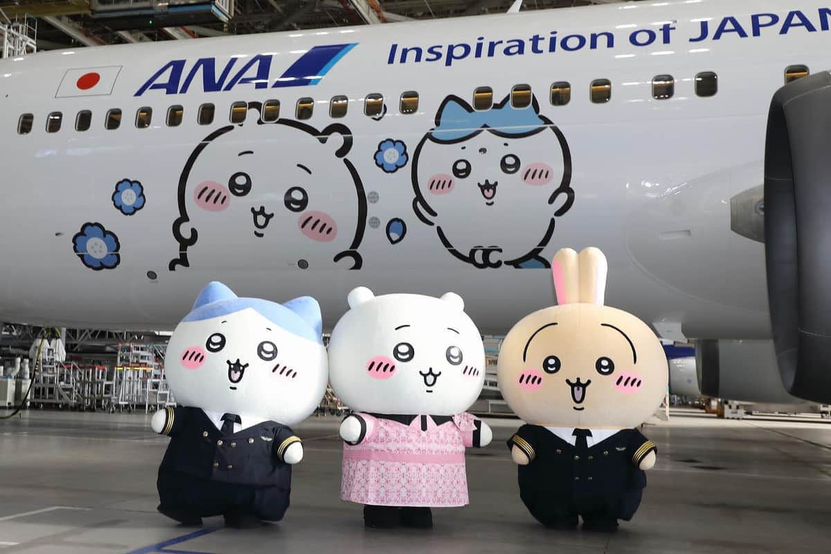 ANAの特別塗装機「ちいかわジェット」の前に勢ぞろいしたハチワレ、ちいかわ、うさぎ。3キャラクターともANAの制服姿だ
