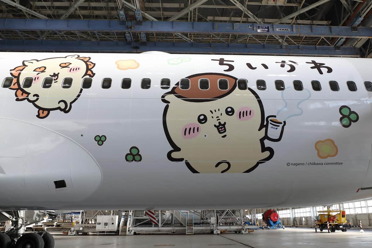 機体後方には、大きな「ちいかわ」の文字とともに、ANAのロゴ入りカップを手にしたくりまんじゅうの姿も
