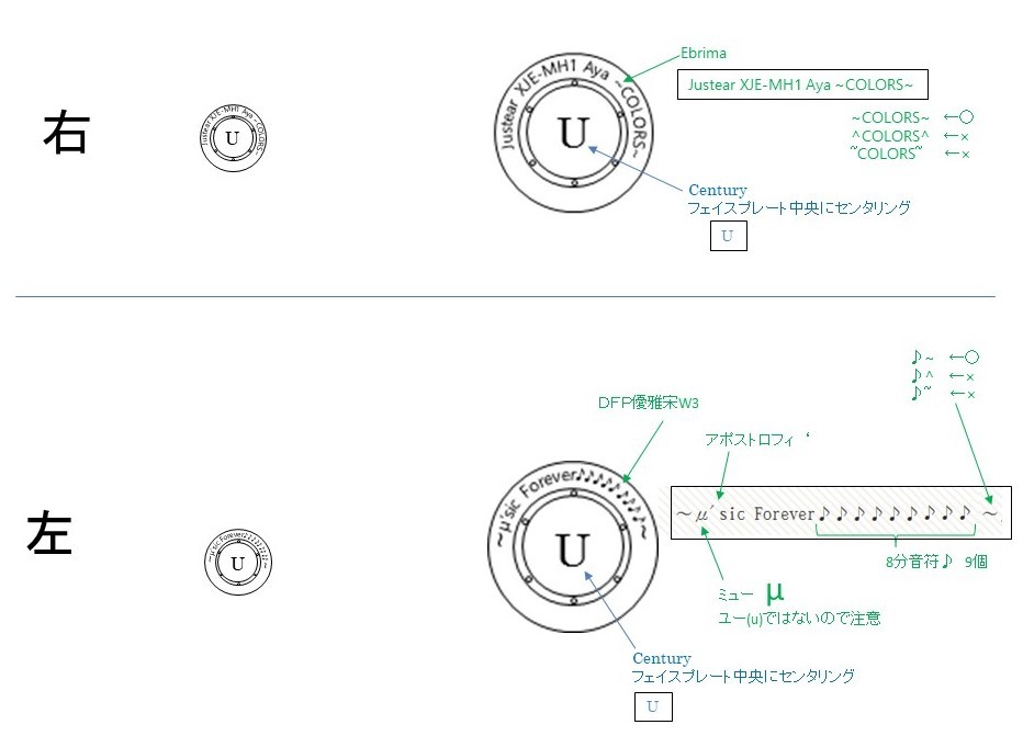 ねっこさんがMH1 Aya~COLORS~の刻印を指定した当時の指示書。書体や表記などのわかりやすく、ていねいな指定に、ねっこさんの人柄が垣間見える。