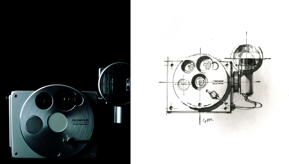 山中さんと坂井さんが初めて一緒に手掛けたオリンパス「O-product」。右は山中さんのスケッチ　写真：清水行雄　　