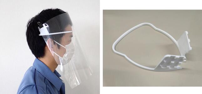 これはカンタンかも！ 「クリアファイル」を使ったタカノのフェイスシールド(左)と、3Dプリンターで製作したフレーム
